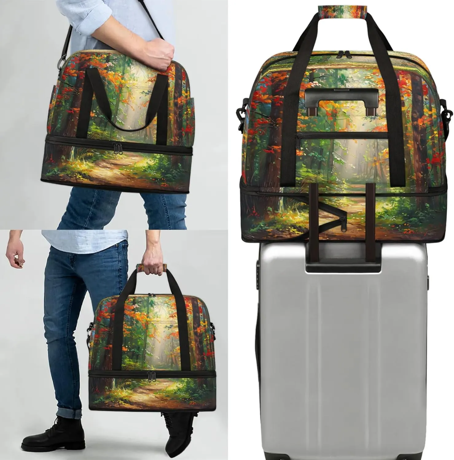 Forest Sunlight Oil Painting Travel Duffel Bags for Women & Men Large Sports Gym Bags Foldie Weekender Overnight Bag Carry On Tote Bag With Shoe Compartment Personal Item Luggage for Travel Sports Gym