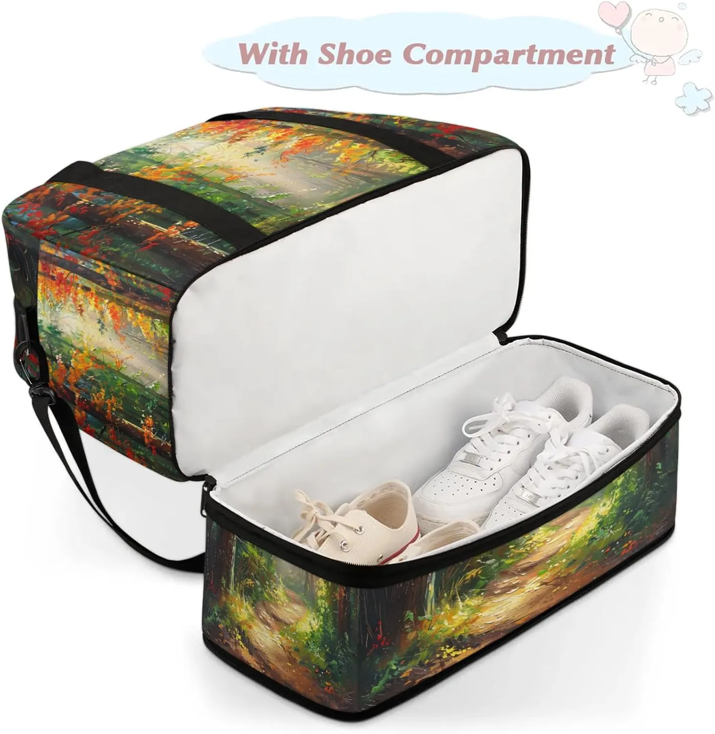 Forest Sunlight Oil Painting Travel Duffel Bags for Women & Men Large Sports Gym Bags Foldie Weekender Overnight Bag Carry On Tote Bag With Shoe Compartment Personal Item Luggage for Travel Sports Gym