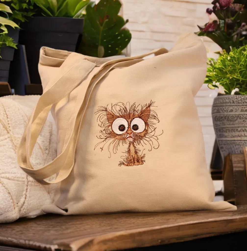 Frazzled Cat Embroidered Canvas Tote Bag – Cute & Durable Accessory