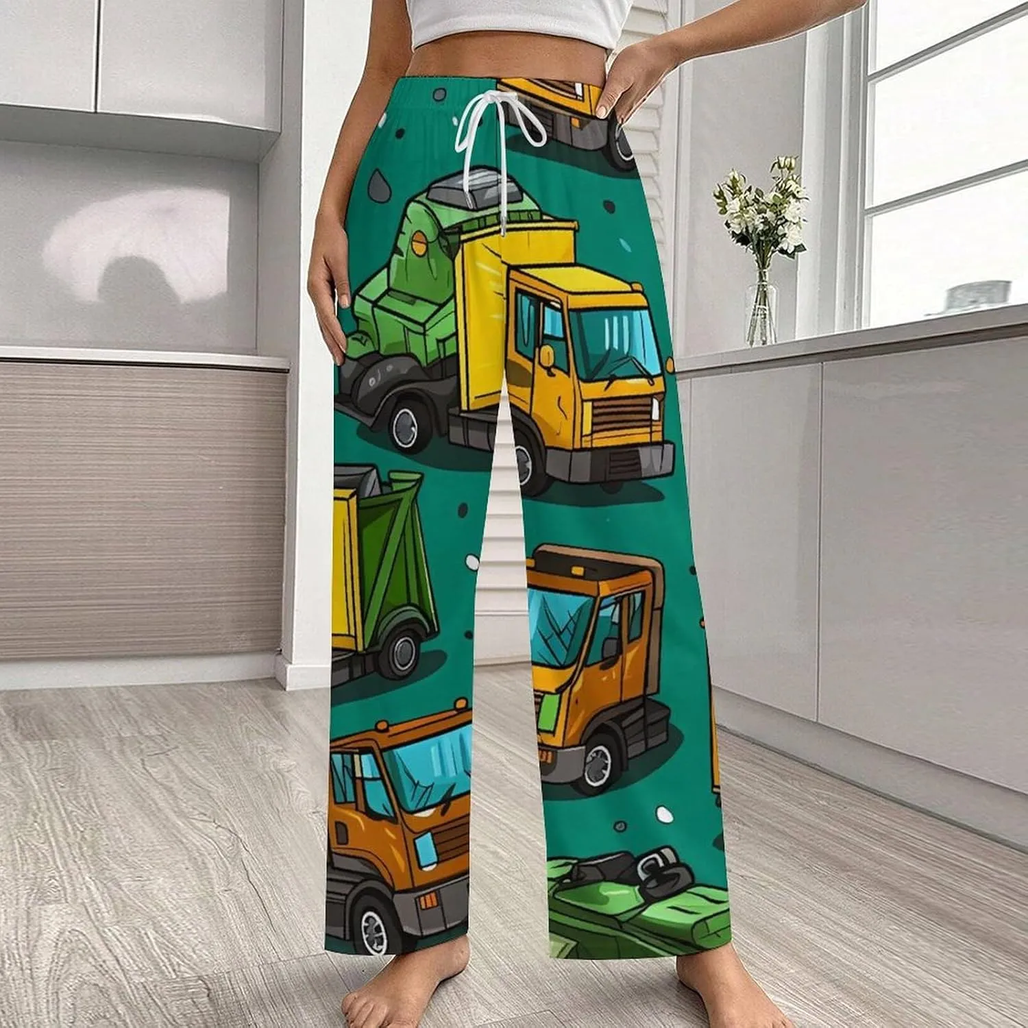 Garbage Truck Busy Day Women's Pajama Pants Drawstring Elastic Waistband Printed Sleepwear Bottoms
