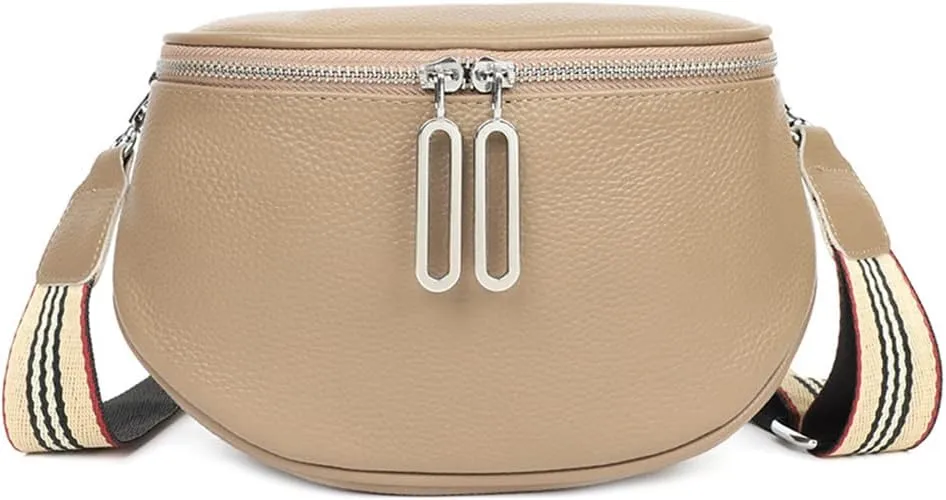 Genuine Leather Crossbody Fanny Packs for Women Fashion Belt Bag Chest Purses Casual Sling Waist Bag with Zipper Closure (Khaki)