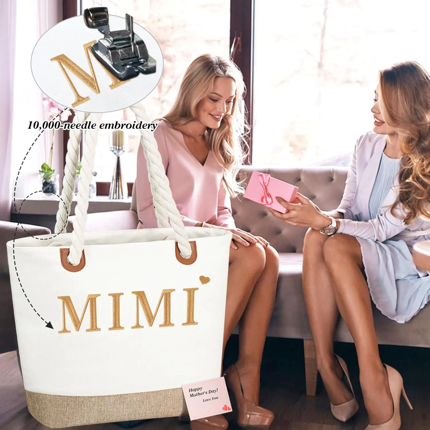 GhvyenntteS Mimi Gifts, Mothers Day Gifts for Mimi, Mimi Bag with Zipper, Personalized Beach Tote Bag - Perfect for Mothers Day, Birthday