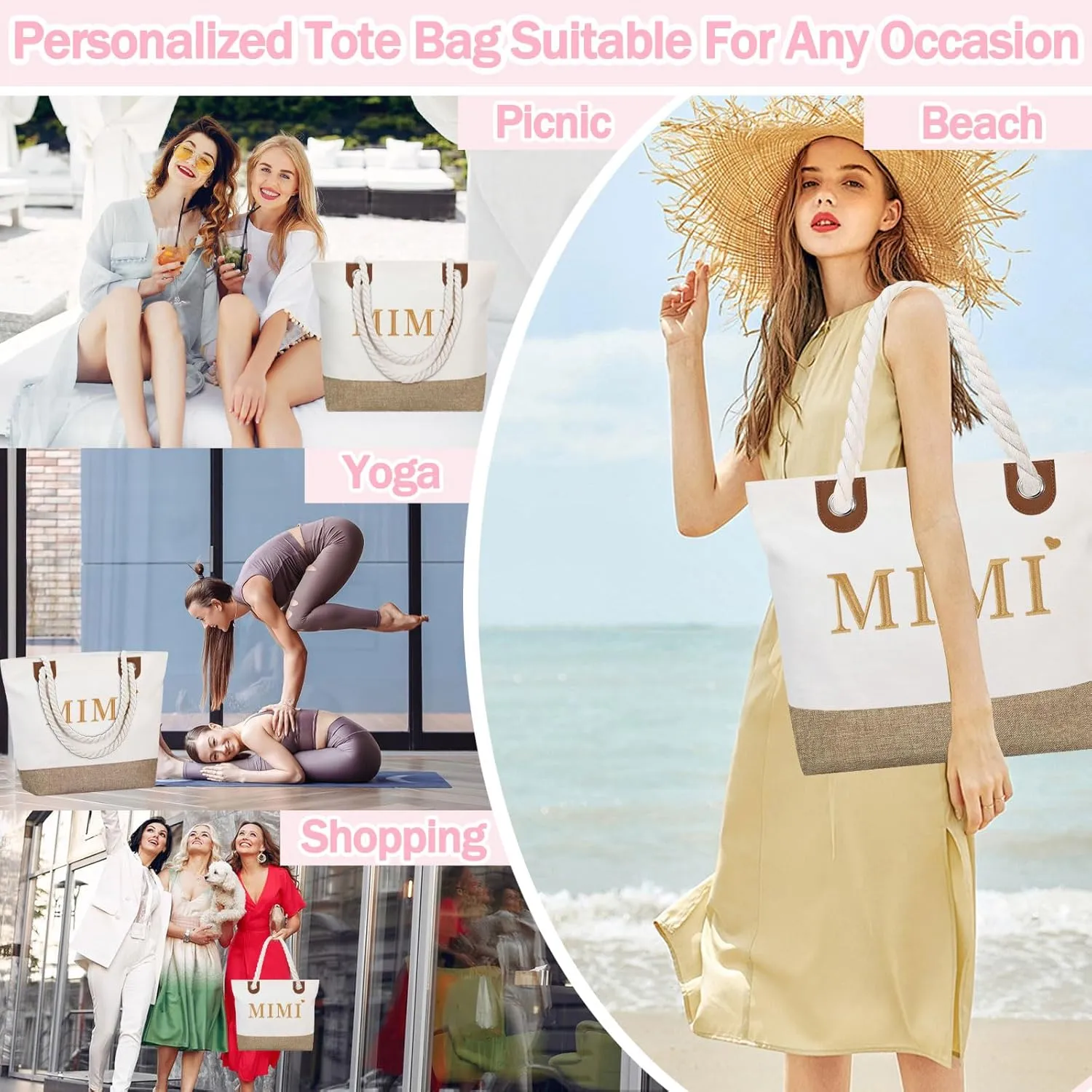 GhvyenntteS Mimi Gifts, Mothers Day Gifts for Mimi, Mimi Bag with Zipper, Personalized Beach Tote Bag - Perfect for Mothers Day, Birthday