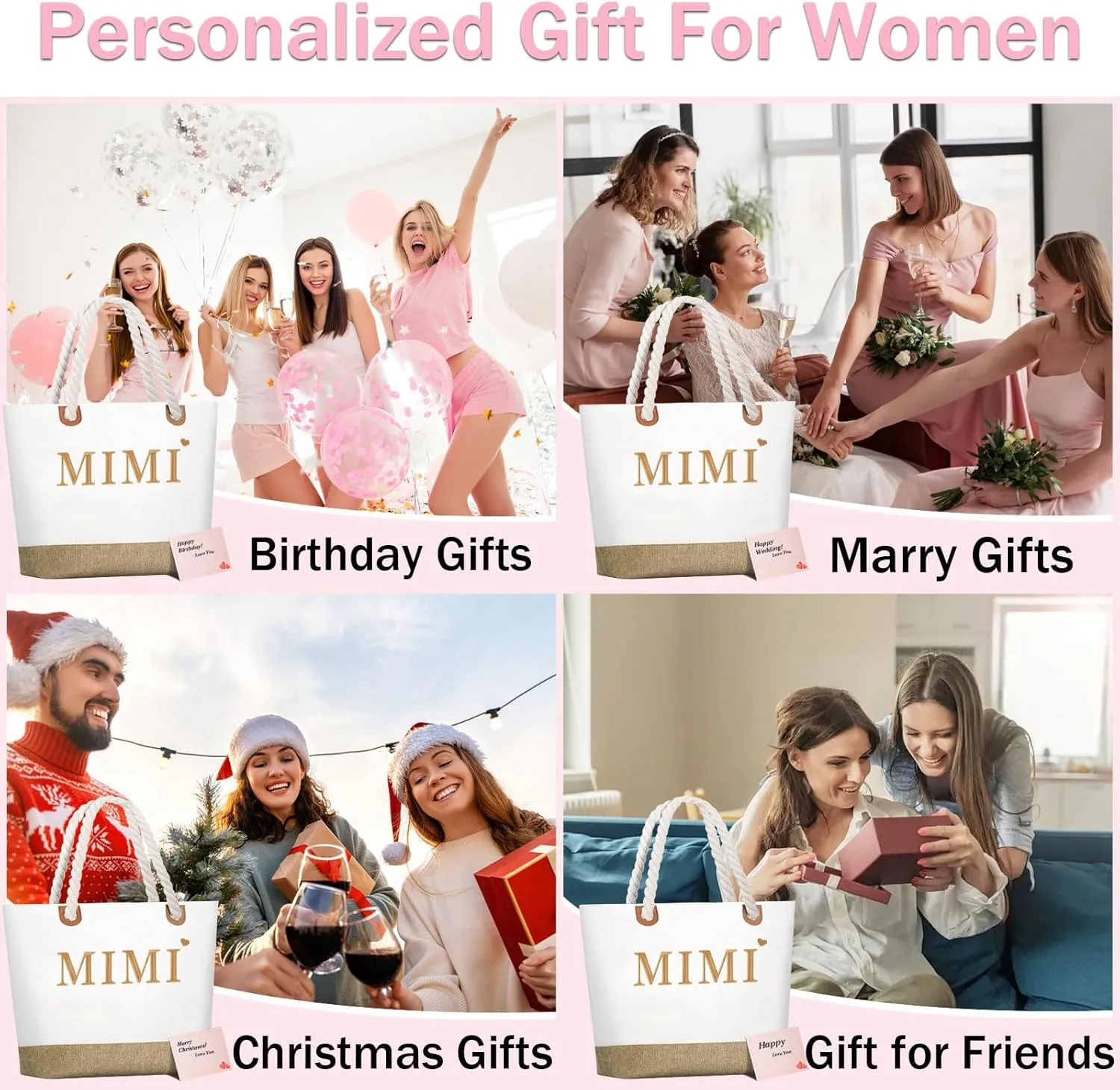 GhvyenntteS Mimi Gifts, Mothers Day Gifts for Mimi, Mimi Bag with Zipper, Personalized Beach Tote Bag - Perfect for Mothers Day, Birthday