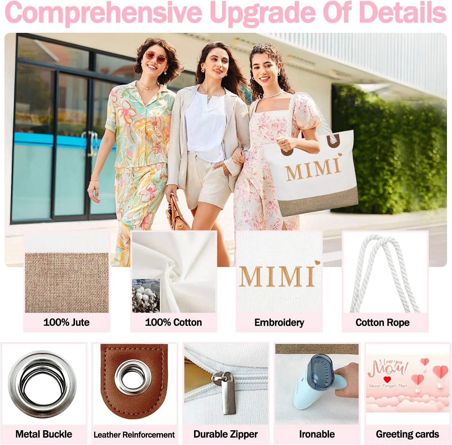 GhvyenntteS Mimi Gifts, Mothers Day Gifts for Mimi, Mimi Bag with Zipper, Personalized Beach Tote Bag - Perfect for Mothers Day, Birthday