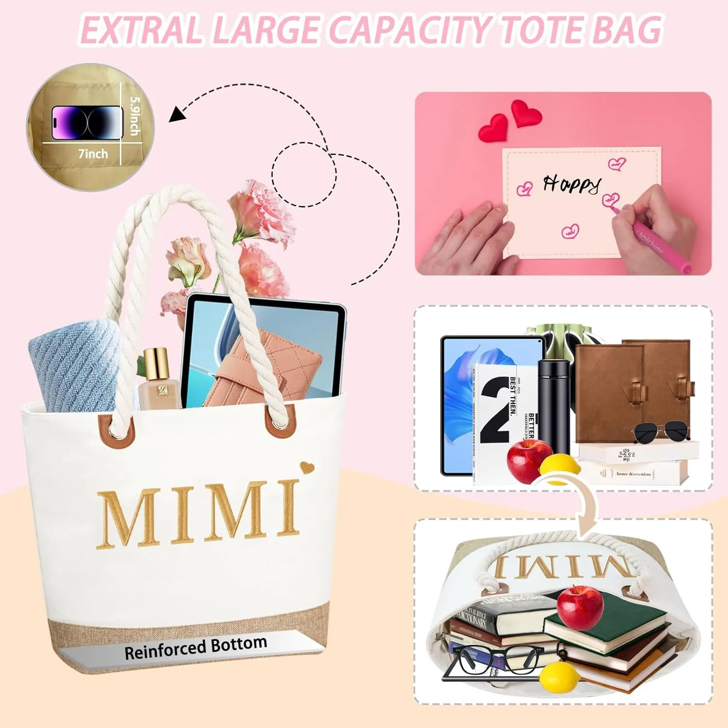 GhvyenntteS Mimi Gifts, Mothers Day Gifts for Mimi, Mimi Bag with Zipper, Personalized Beach Tote Bag - Perfect for Mothers Day, Birthday