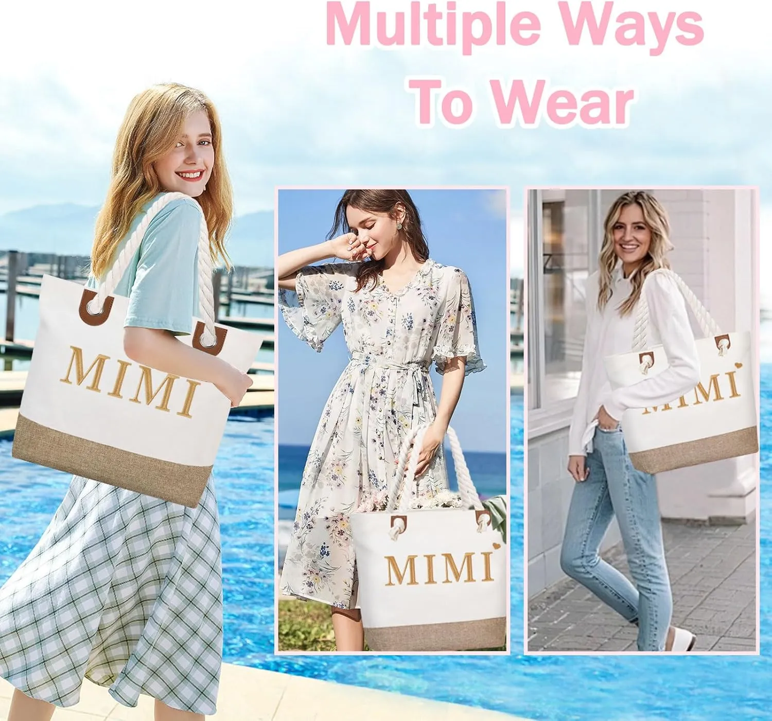 GhvyenntteS Mimi Gifts, Mothers Day Gifts for Mimi, Mimi Bag with Zipper, Personalized Beach Tote Bag - Perfect for Mothers Day, Birthday