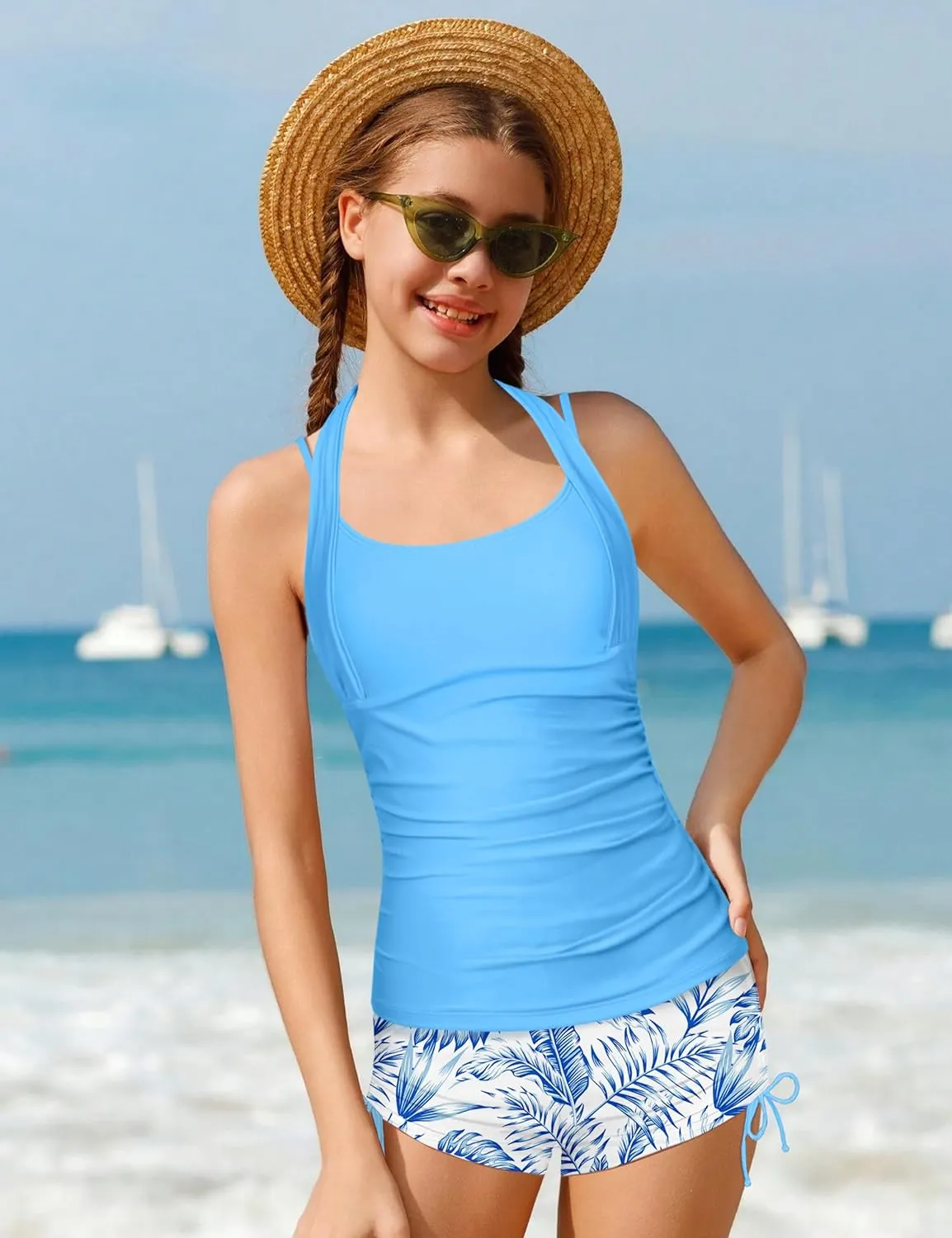 Girls Swimsuit 2 Piece Halterneck Girls Tankini Swimsuit Drawstring Printed Swim Shorts Girl Bathing Suit for 7-16T