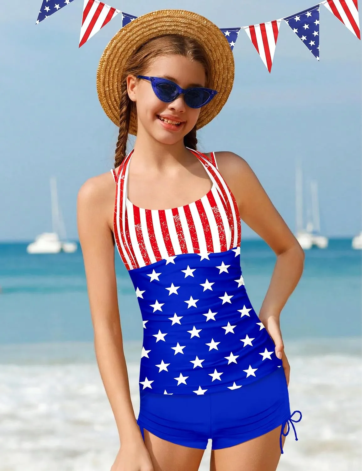 Girls Swimsuit 2 Piece Halterneck Girls Tankini Swimsuit Drawstring Printed Swim Shorts Girl Bathing Suit for 7-16T