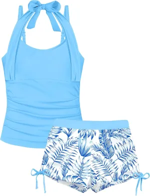 Girls Swimsuit 2 Piece Halterneck Girls Tankini Swimsuit Drawstring Printed Swim Shorts Girl Bathing Suit for 7-16T