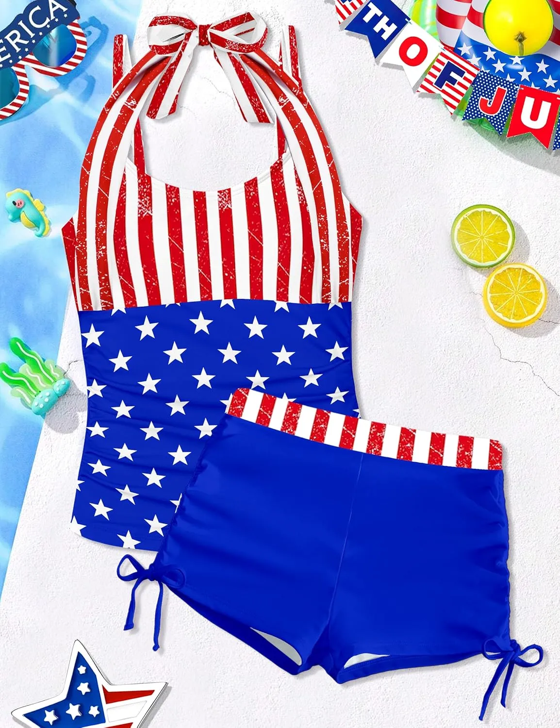 Girls Swimsuit 2 Piece Halterneck Girls Tankini Swimsuit Drawstring Printed Swim Shorts Girl Bathing Suit for 7-16T