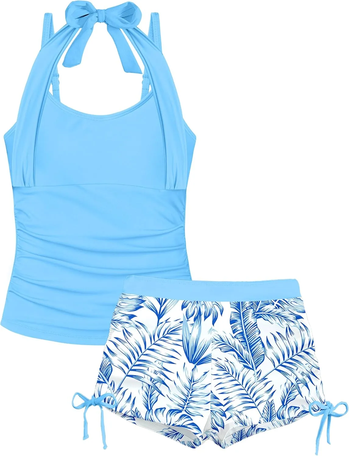 Girls Swimsuit 2 Piece Halterneck Girls Tankini Swimsuit Drawstring Printed Swim Shorts Girl Bathing Suit for 7-16T