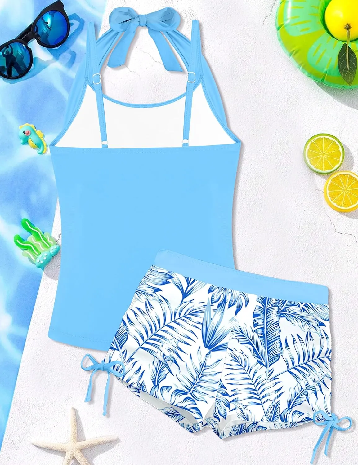 Girls Swimsuit 2 Piece Halterneck Girls Tankini Swimsuit Drawstring Printed Swim Shorts Girl Bathing Suit for 7-16T