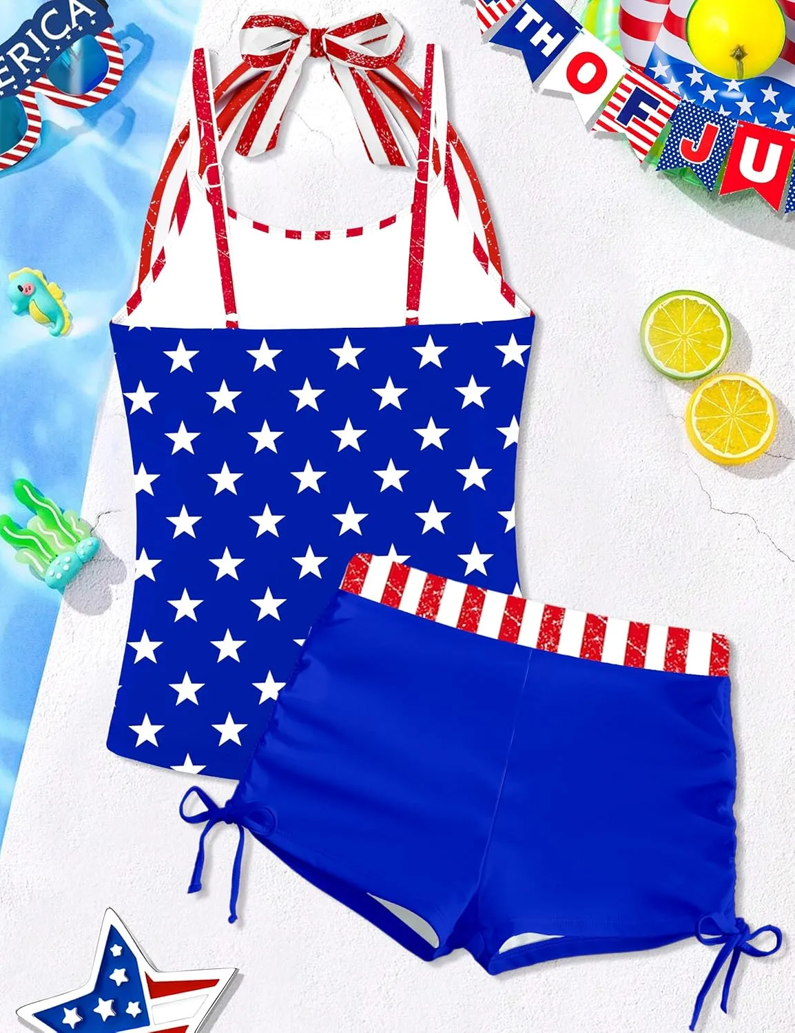 Girls Swimsuit 2 Piece Halterneck Girls Tankini Swimsuit Drawstring Printed Swim Shorts Girl Bathing Suit for 7-16T
