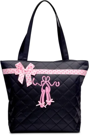 GLOBAL FBA INC Stylish and Practical Quilted Dance Ballet Slippers Tote Bag Carry all Accessories, Travel Bag - Black