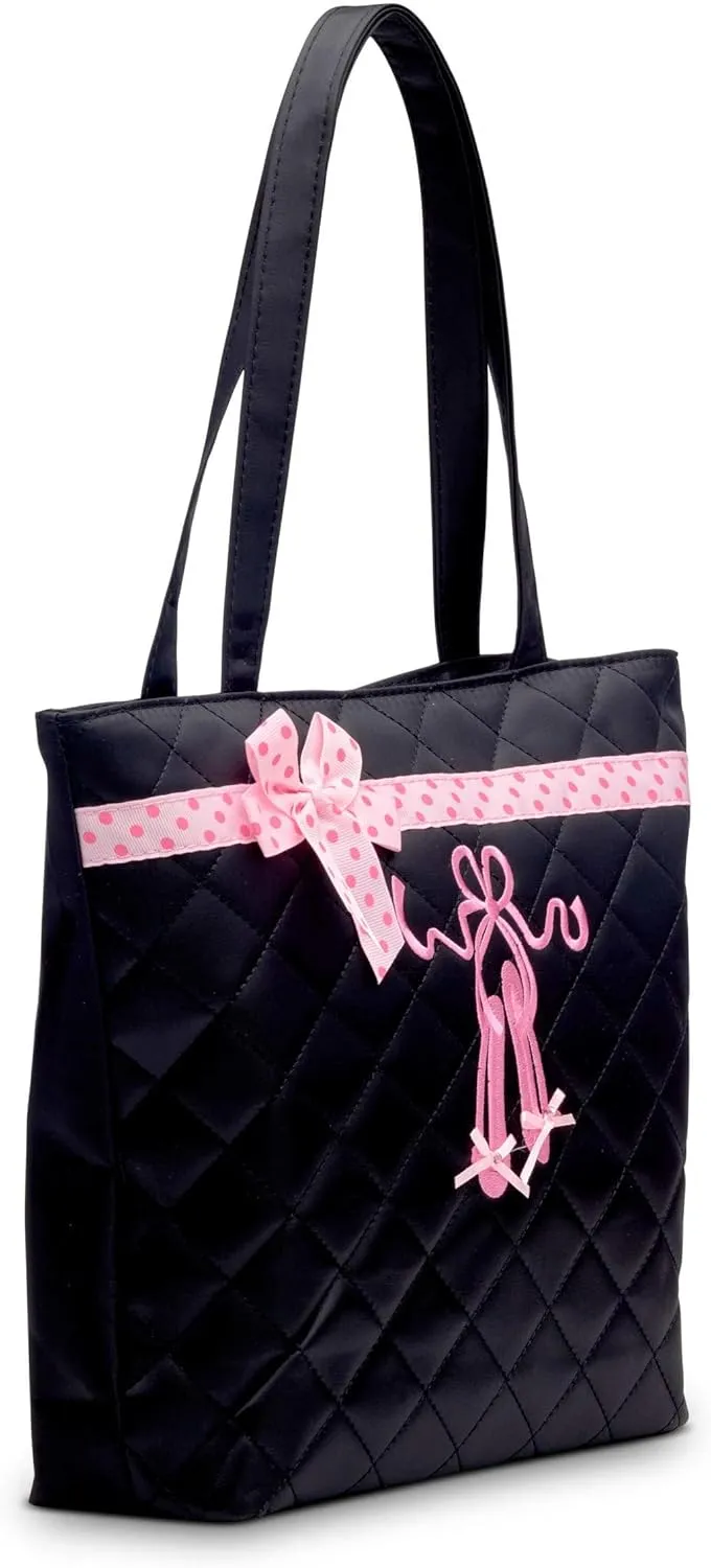 GLOBAL FBA INC Stylish and Practical Quilted Dance Ballet Slippers Tote Bag Carry all Accessories, Travel Bag - Black