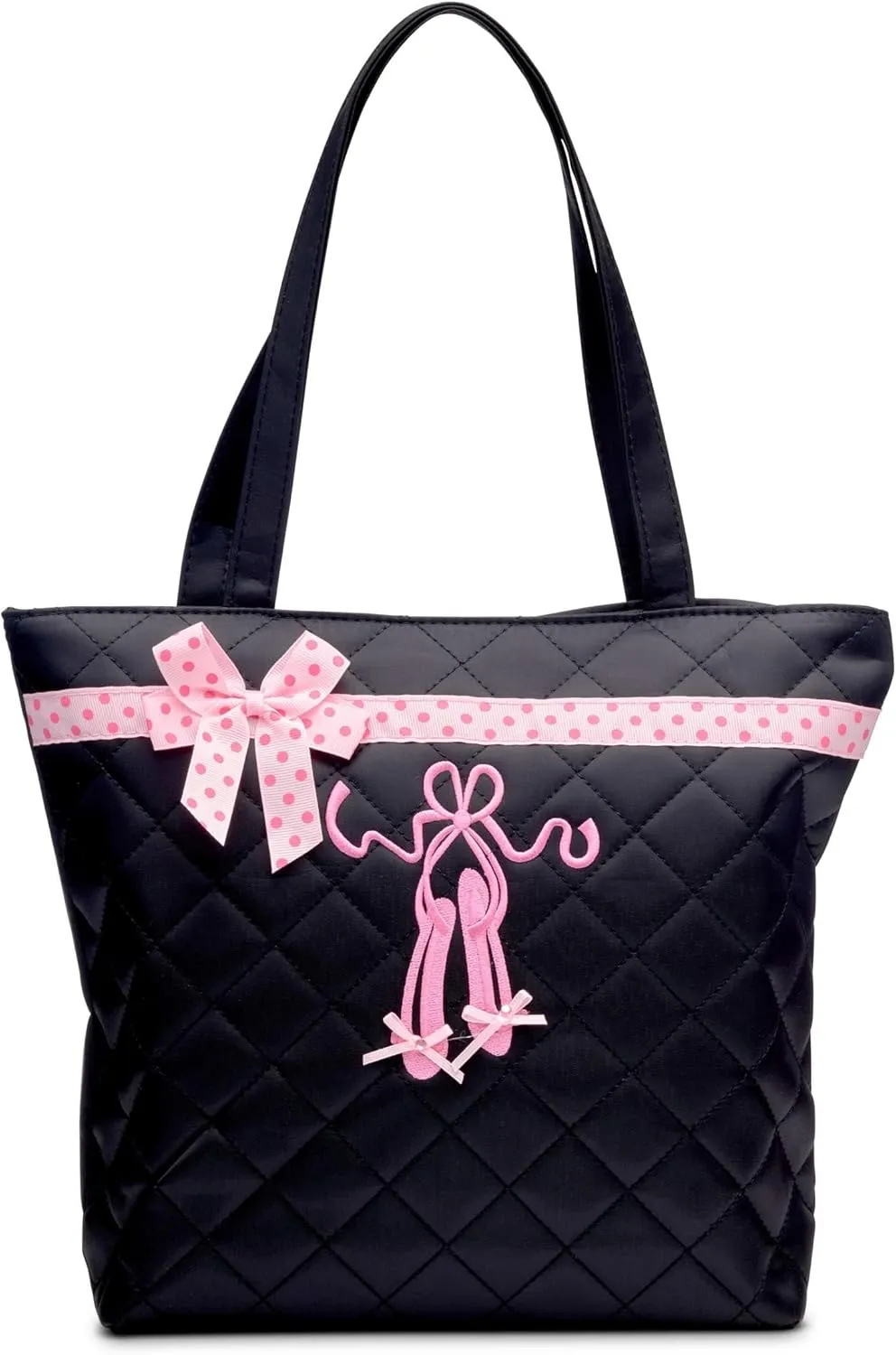 GLOBAL FBA INC Stylish and Practical Quilted Dance Ballet Slippers Tote Bag Carry all Accessories, Travel Bag - Black