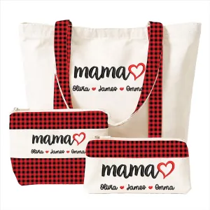 GODMERCH Personalized Embroidered Mama Canvas Tote Bag, Custom Tote with Kids Names, Gifts for Women Mothers Day Christmas