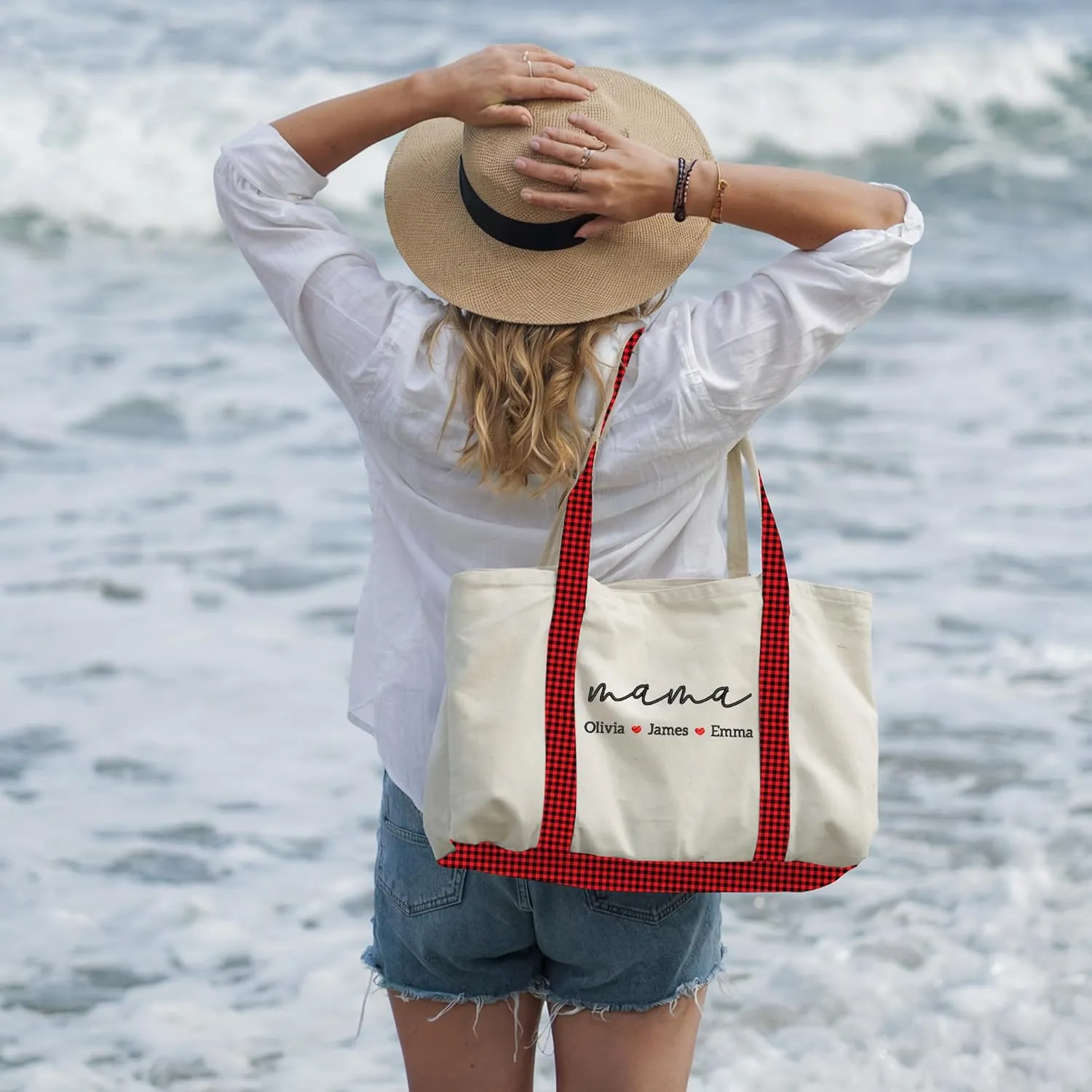 GODMERCH Personalized Embroidered Mama Canvas Tote Bag, Custom Tote with Kids Names, Gifts for Women Mothers Day Christmas