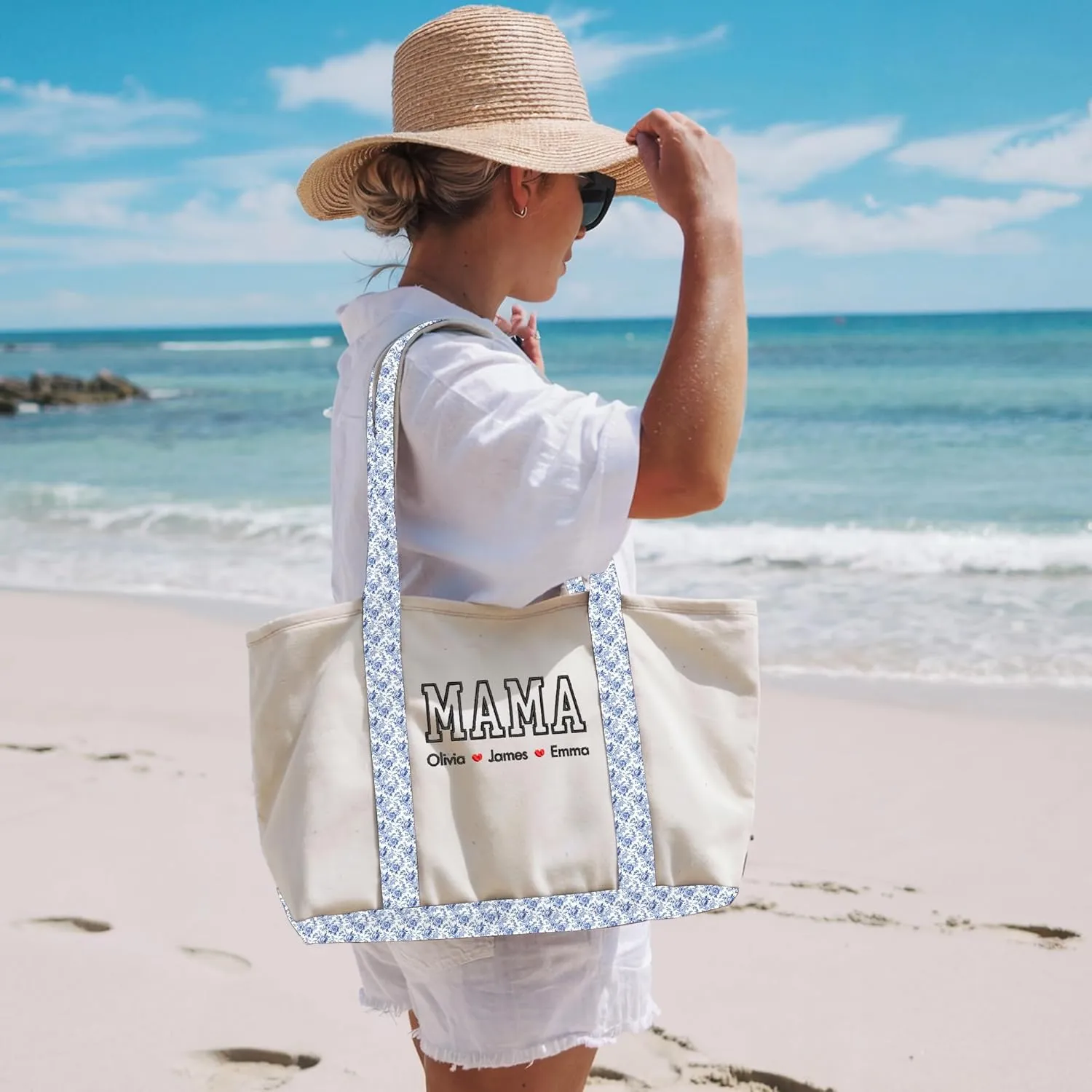 GODMERCH Personalized Embroidered Mama Canvas Tote Bag, Custom Tote with Kids Names, Gifts for Women Mothers Day Christmas