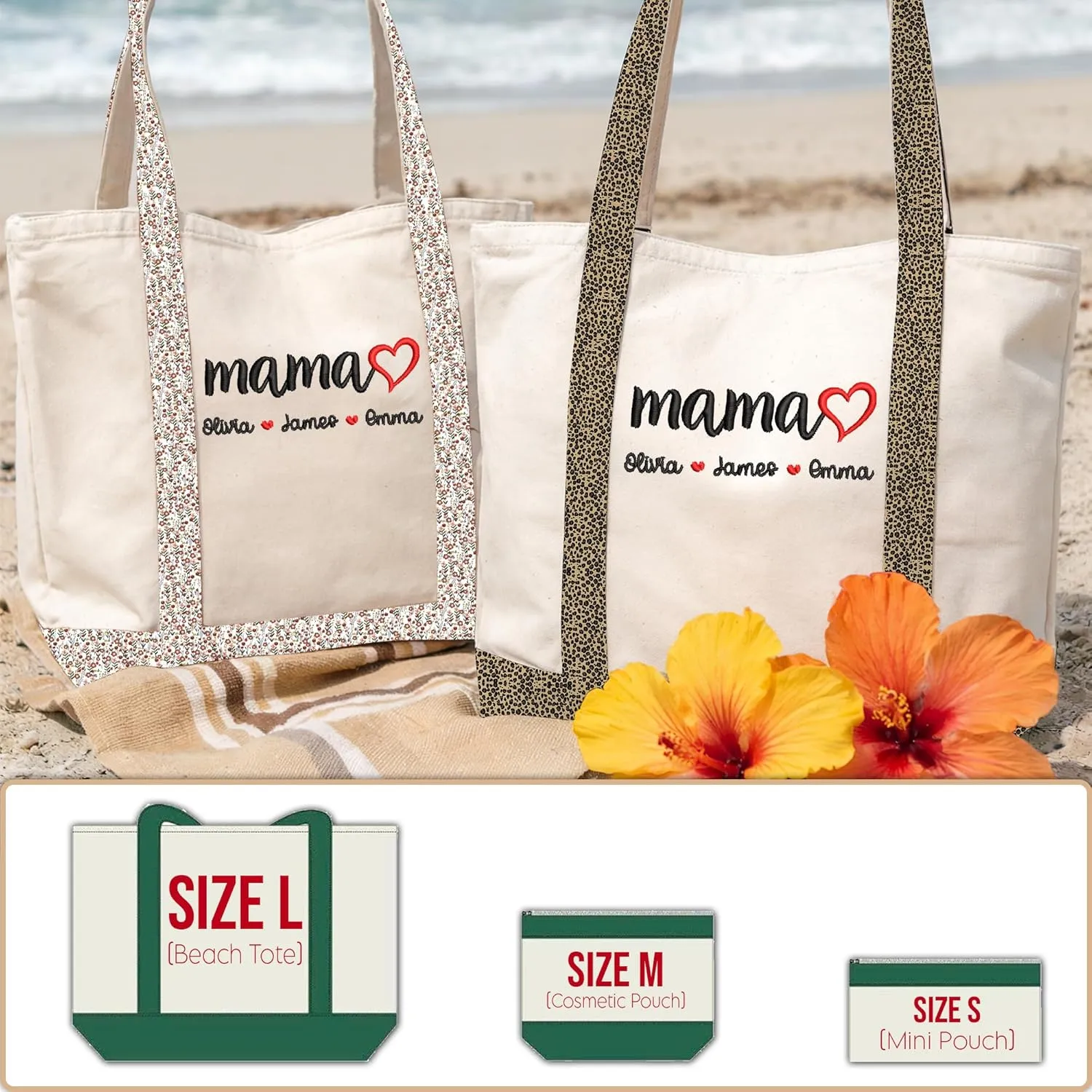 GODMERCH Personalized Embroidered Mama Canvas Tote Bag, Custom Tote with Kids Names, Gifts for Women Mothers Day Christmas