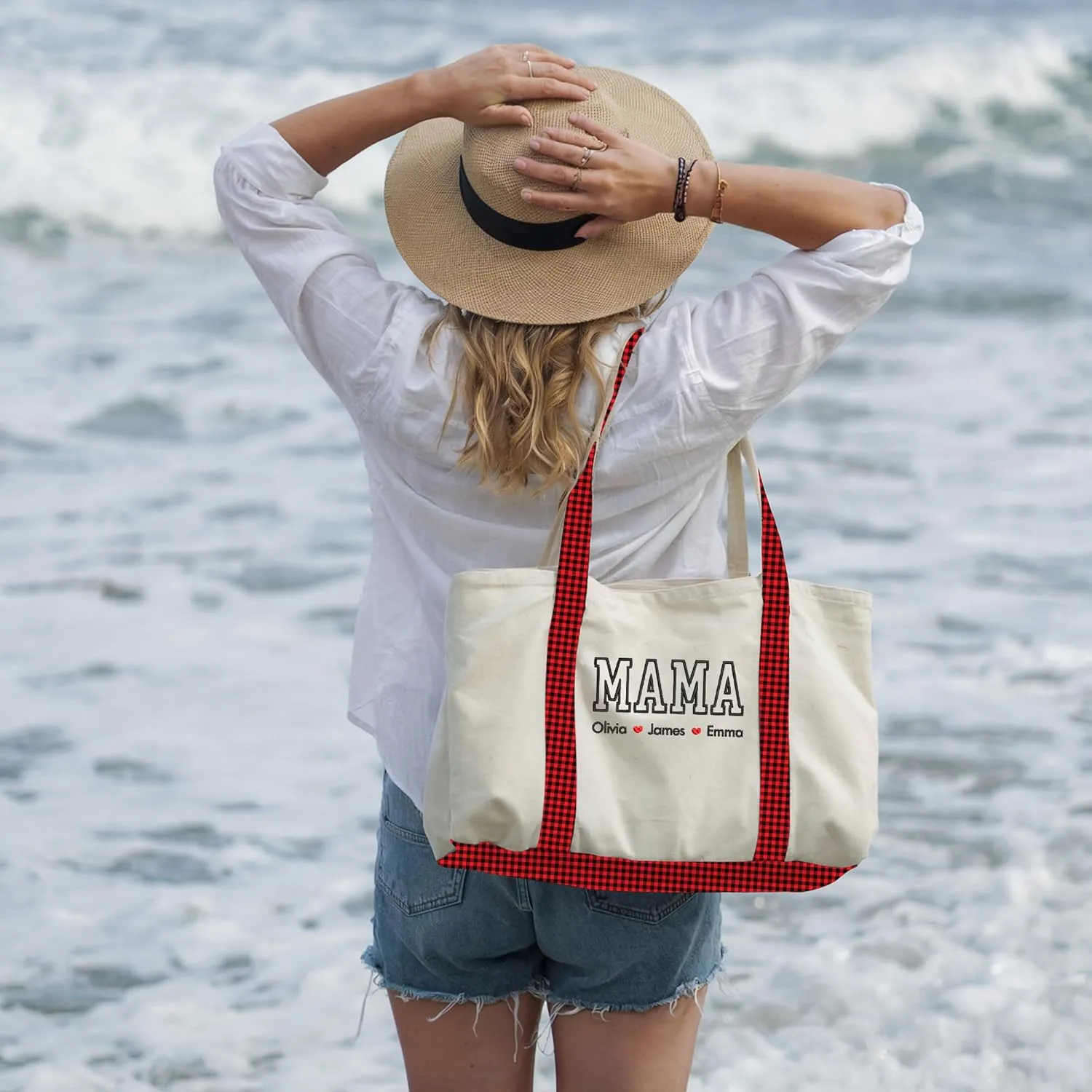 GODMERCH Personalized Embroidered Mama Canvas Tote Bag, Custom Tote with Kids Names, Gifts for Women Mothers Day Christmas