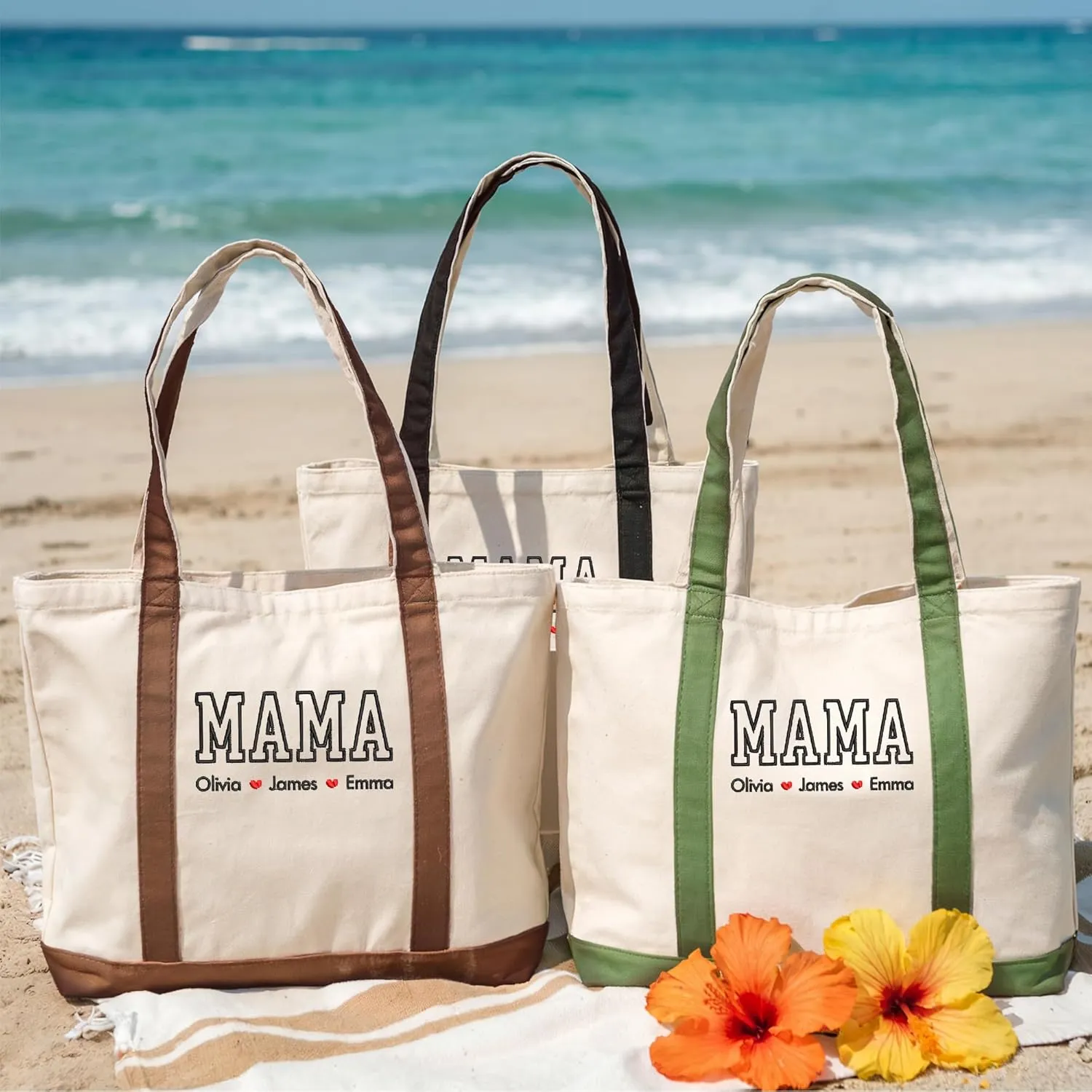 GODMERCH Personalized Embroidered Mama Canvas Tote Bag, Custom Tote with Kids Names, Gifts for Women Mothers Day Christmas