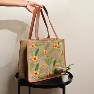 Golden Blossom Jute Tote Bag
