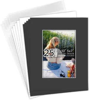 Golden State Art, Acid-Free, Pack of 25, 8x10 Black Picture Mats Mattes with White Core Bevel Cut for 5x7 Photo   Backing   Bags