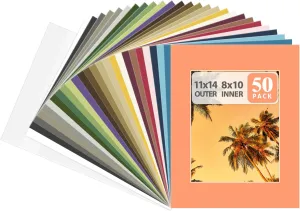 Golden State Art, Pack of 50 Mixed Colors Pre-Cut 11x14 Picture Mat for 8x10 Photo with White Core Bevel Cut Mattes Sets. Includes 50 High Premier Acid Free Mats & 50 Backing Board & 50 Clear Bags