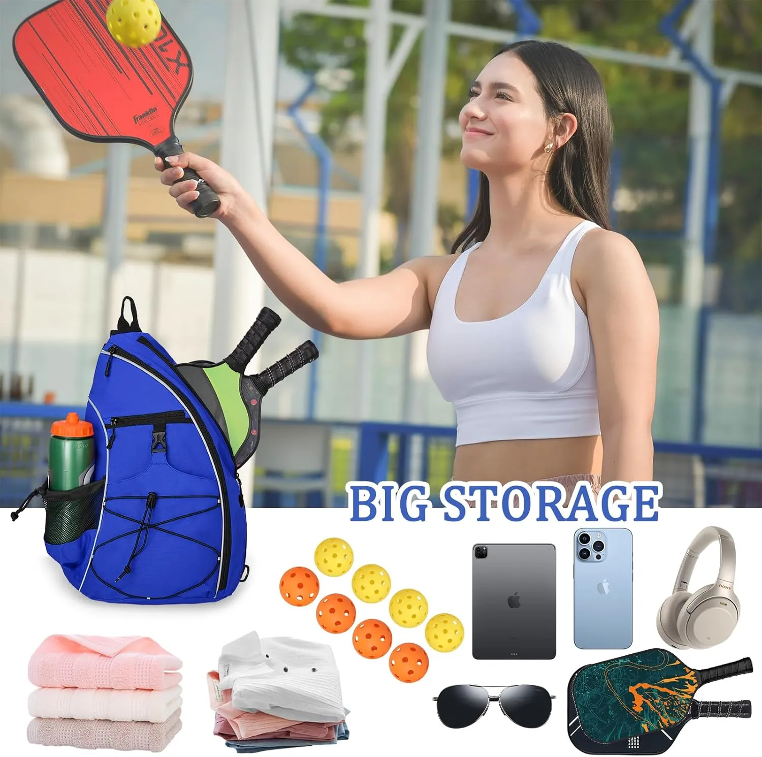 Goloni Pickleball Bag for Women,Mens Pickle ball Backpack,Lightweight Sling Bag with Fence Hook,Large Capacity,Safety Pocket