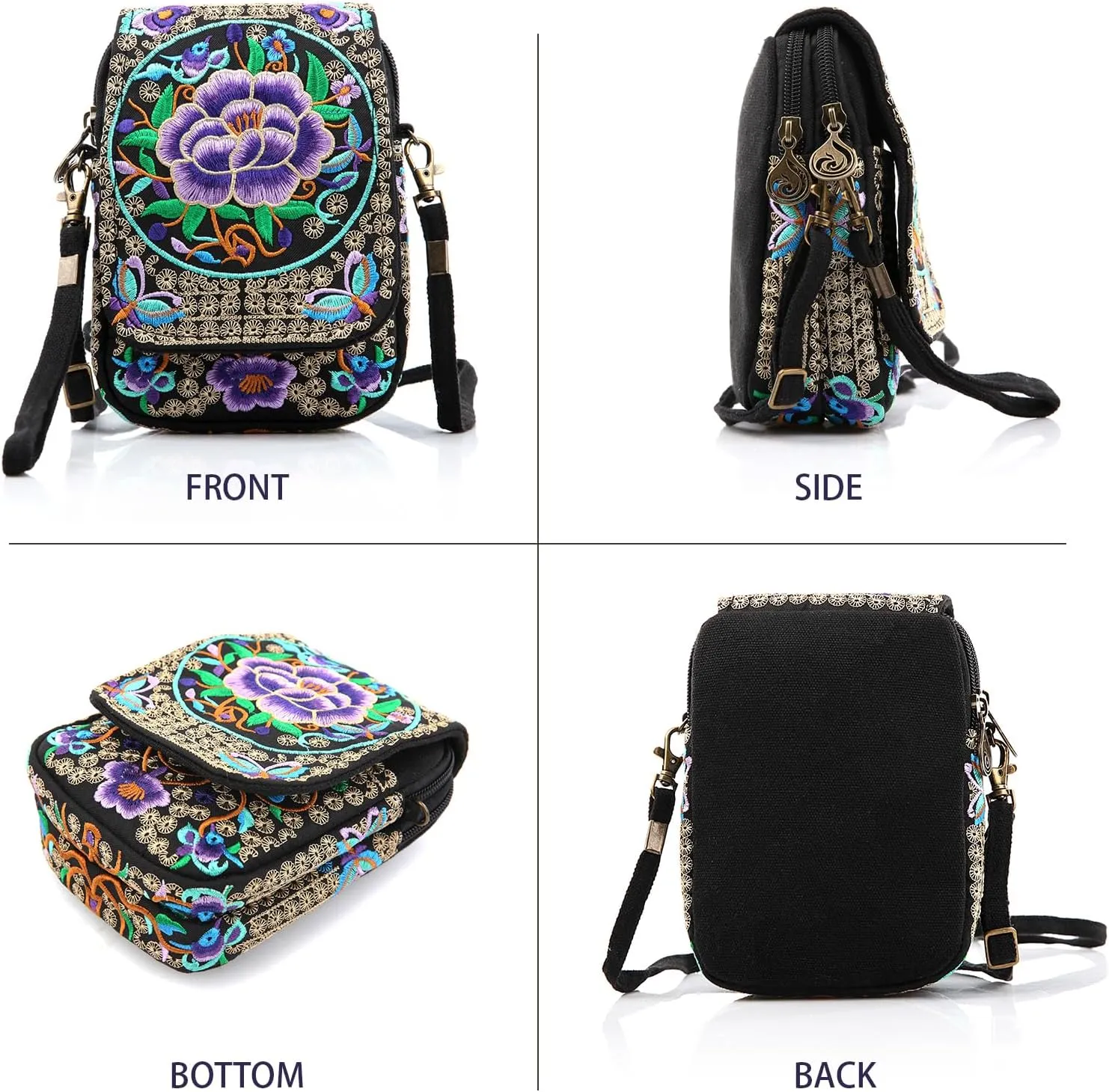 Goodhan Floral Embroidery Crossbody Bag, Mini Canvas Shoulder Bag Cellphone Purse Wristlet Pouch