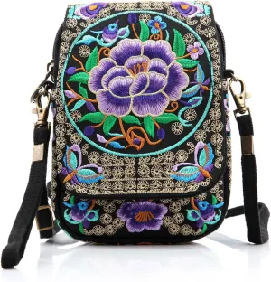 Goodhan Floral Embroidery Crossbody Bag, Mini Canvas Shoulder Bag Cellphone Purse Wristlet Pouch