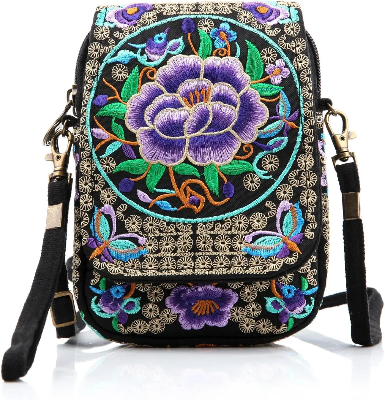 Goodhan Floral Embroidery Crossbody Bag, Mini Canvas Shoulder Bag Cellphone Purse Wristlet Pouch