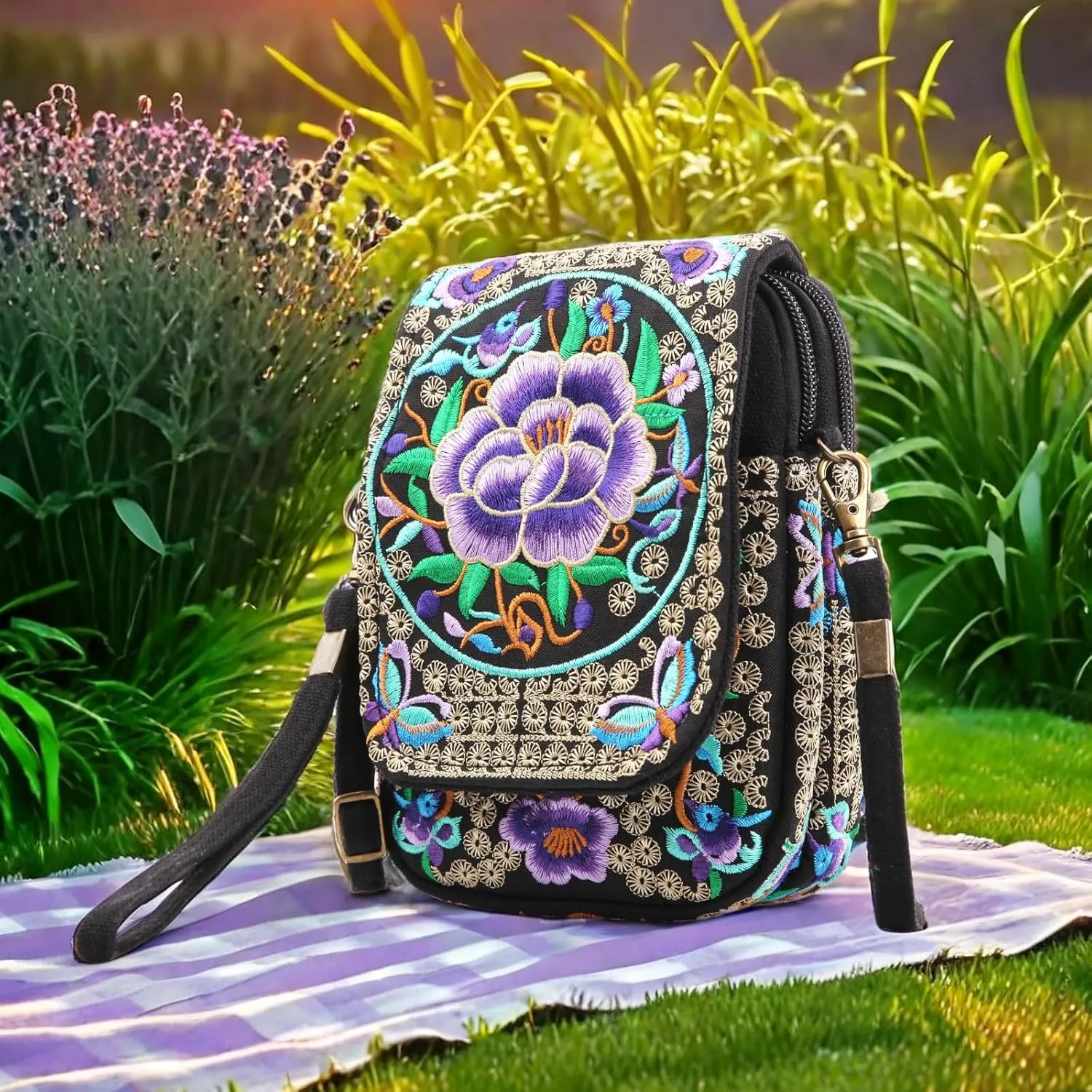 Goodhan Floral Embroidery Crossbody Bag, Mini Canvas Shoulder Bag Cellphone Purse Wristlet Pouch