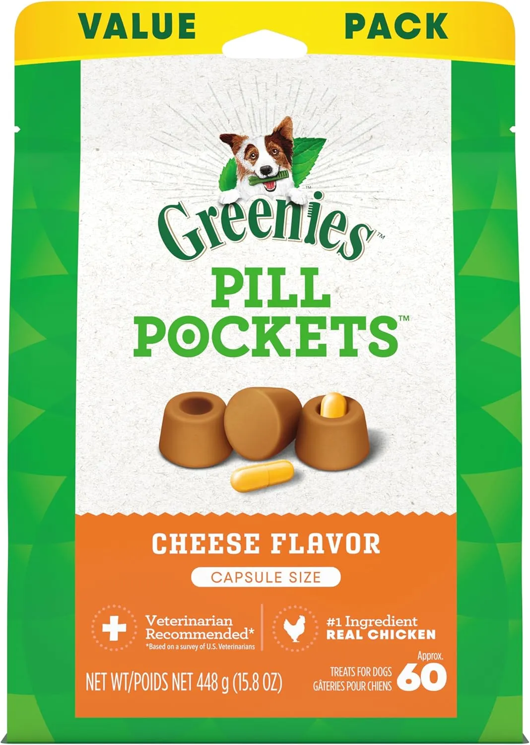 Greenies Pill Pockets Large Size Soft Dog Treats for Capsules, Cheese Flavor, Made with Natural Ingredients Plus Minerals & Trace Nutrients, 15.8 oz. (60 Count, Pack of 1)
