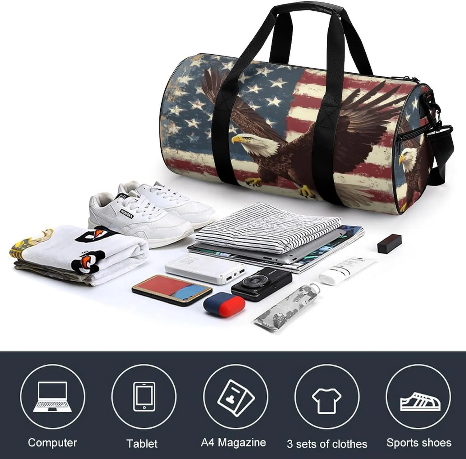 Gym Bag for Men Women Lightweight Sports Duffle Bag with Multiple Compartments Cylindrical Gym Bag for Fitness Travel And Outdoor Activities Ater Resistant Yoga Bag Training Bag American Pride