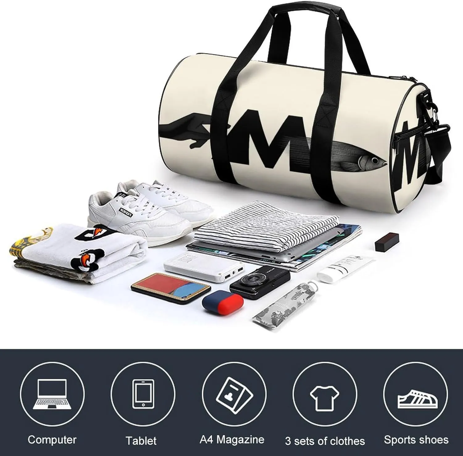Gym Bag for Men Women Lightweight Sports Duffle Bag with Multiple Compartments Cylindrical Gym Bag for Fitness Travel And Outdoor Activities Ater Resistant Yoga Bag Training Bag Finger Fish