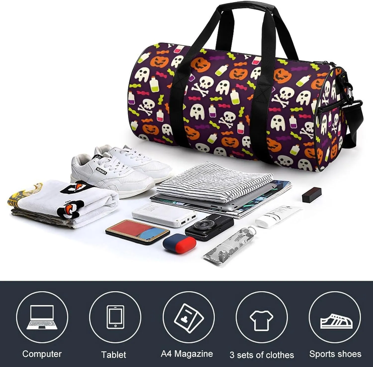 Gym Bag for Men Women Lightweight Sports Duffle Bag with Multiple Compartments Cylindrical Gym Bag for Fitness Travel And Outdoor Activities Ater Resistant Yoga Bag Training Bag Halloween