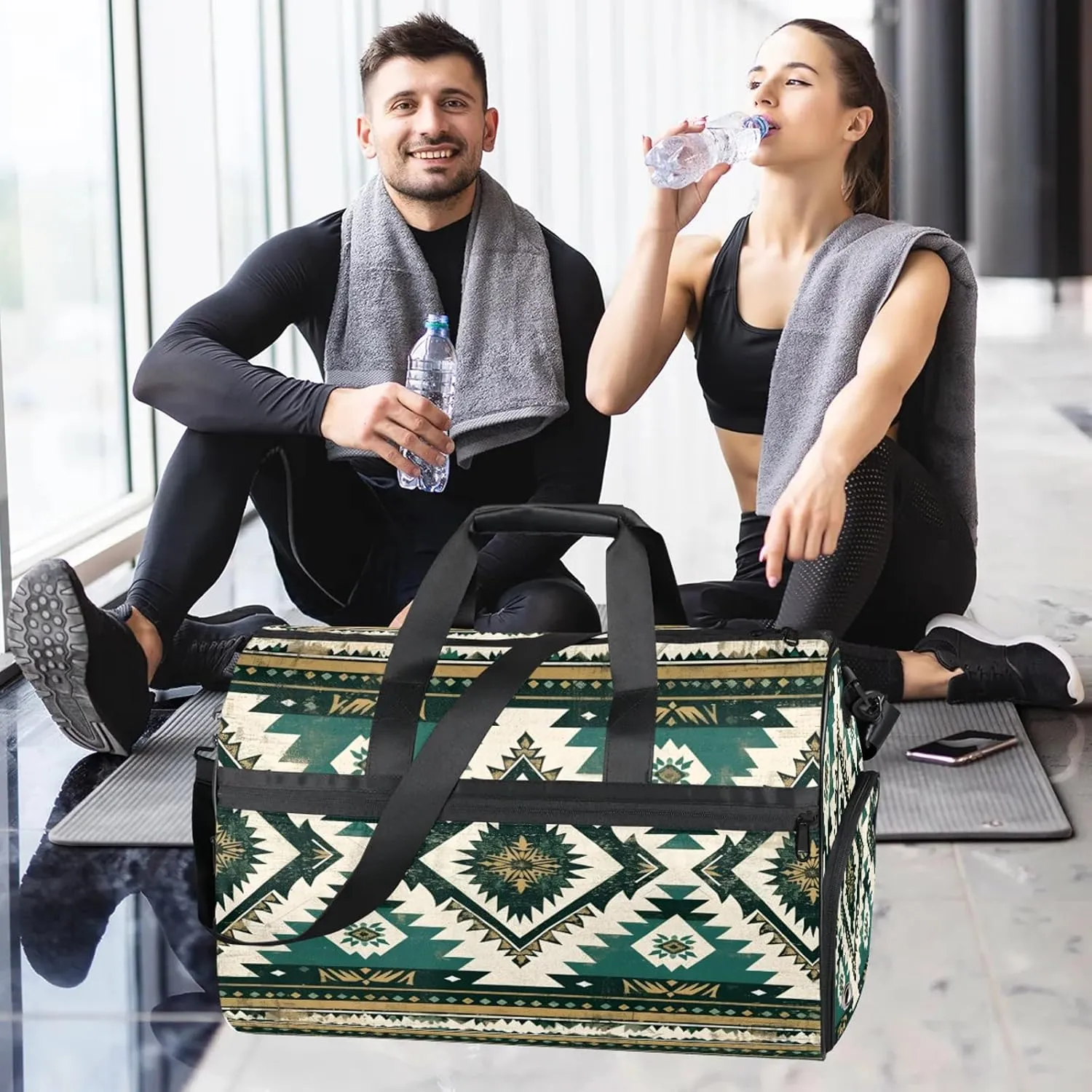 Gym Bag for Women Men Ethnic Colorful Bohemian Travel Duffle Bag with Shoe Compartment Waterproof Sports Tote Bags Large Overnight Weekender Bags for Travel Swimming Gym Yoga Dance