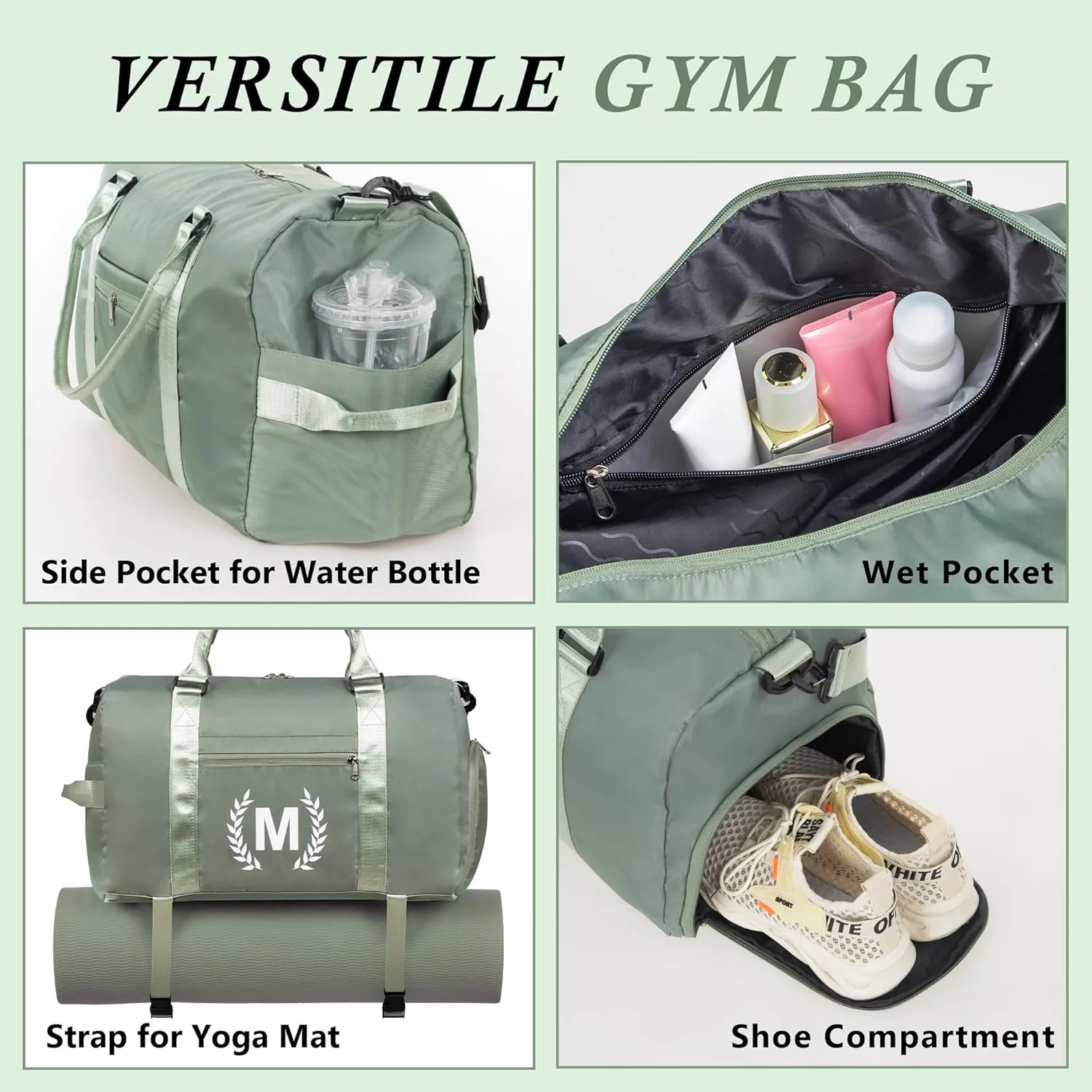 Gym Bag for Women, Personalized Duffle Bag with Shoe Compartment for Yoga & Dance with Wet Pocket and Mat Strap.