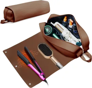 Hair Tools Travel Bag, Upgraded Large Travel Bag with Heat Resistant Mat, 2-in-1 Design Hair Tool Organizer Bag for Curling Iron, Hair Dryer, Straighteners, Skincare, Best Travel Essentials (Brown)