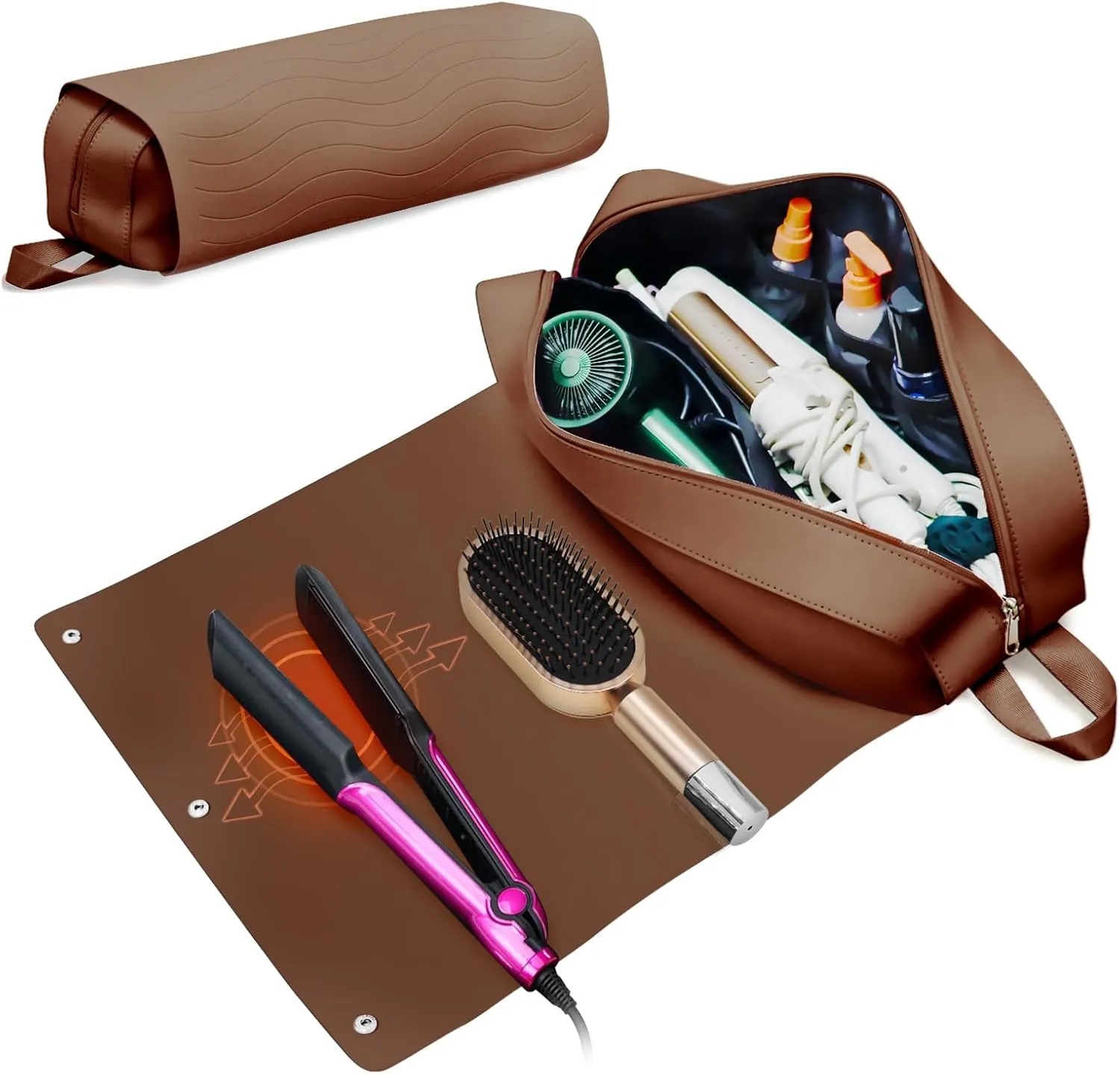 Hair Tools Travel Bag, Upgraded Large Travel Bag with Heat Resistant Mat, 2-in-1 Design Hair Tool Organizer Bag for Curling Iron, Hair Dryer, Straighteners, Skincare, Best Travel Essentials (Brown)