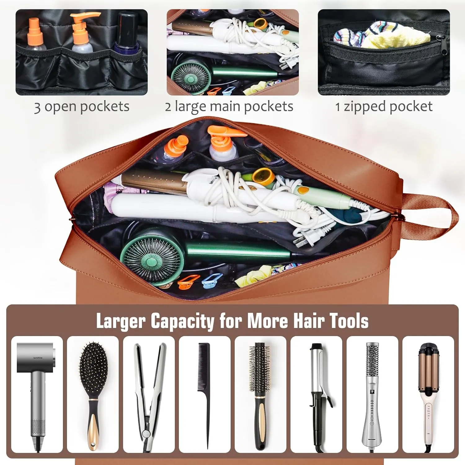 Hair Tools Travel Bag, Upgraded Large Travel Bag with Heat Resistant Mat, 2-in-1 Design Hair Tool Organizer Bag for Curling Iron, Hair Dryer, Straighteners, Skincare, Best Travel Essentials (Brown)