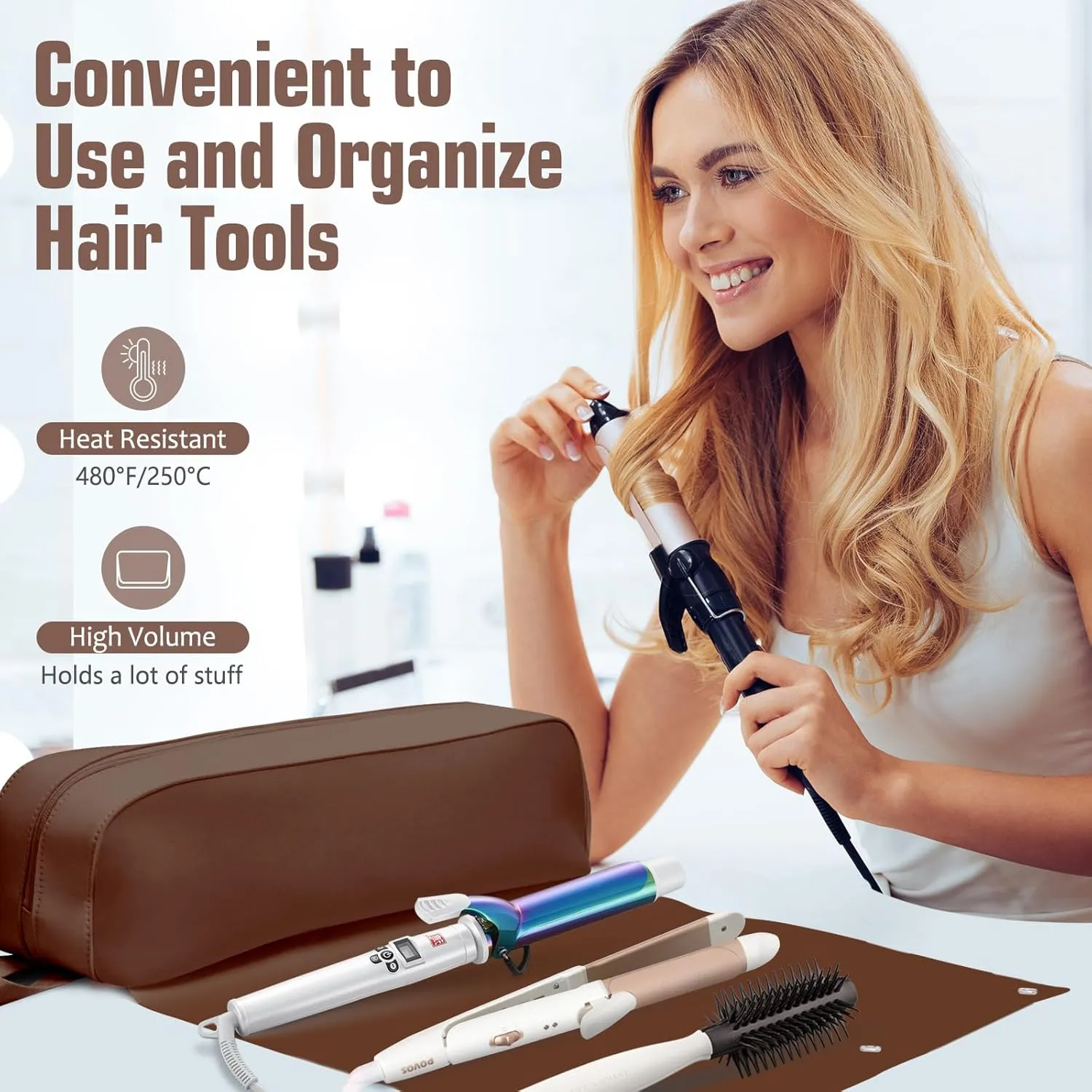 Hair Tools Travel Bag, Upgraded Large Travel Bag with Heat Resistant Mat, 2-in-1 Design Hair Tool Organizer Bag for Curling Iron, Hair Dryer, Straighteners, Skincare, Best Travel Essentials (Brown)