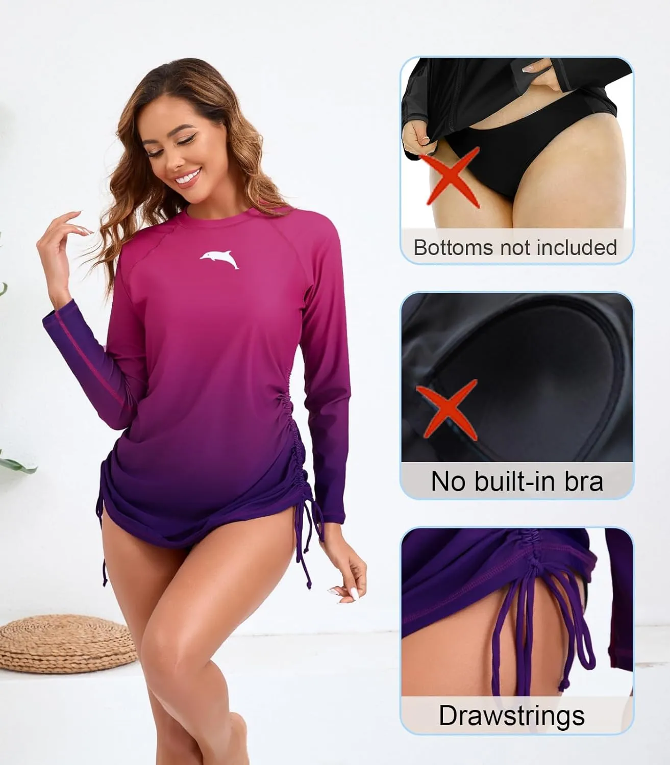 Halcurt Women's long Sleeve Rash Guard Ruched Side Drawstring Adjustable Swim Shirt UPF50 Quick Dry Swimsuit Top