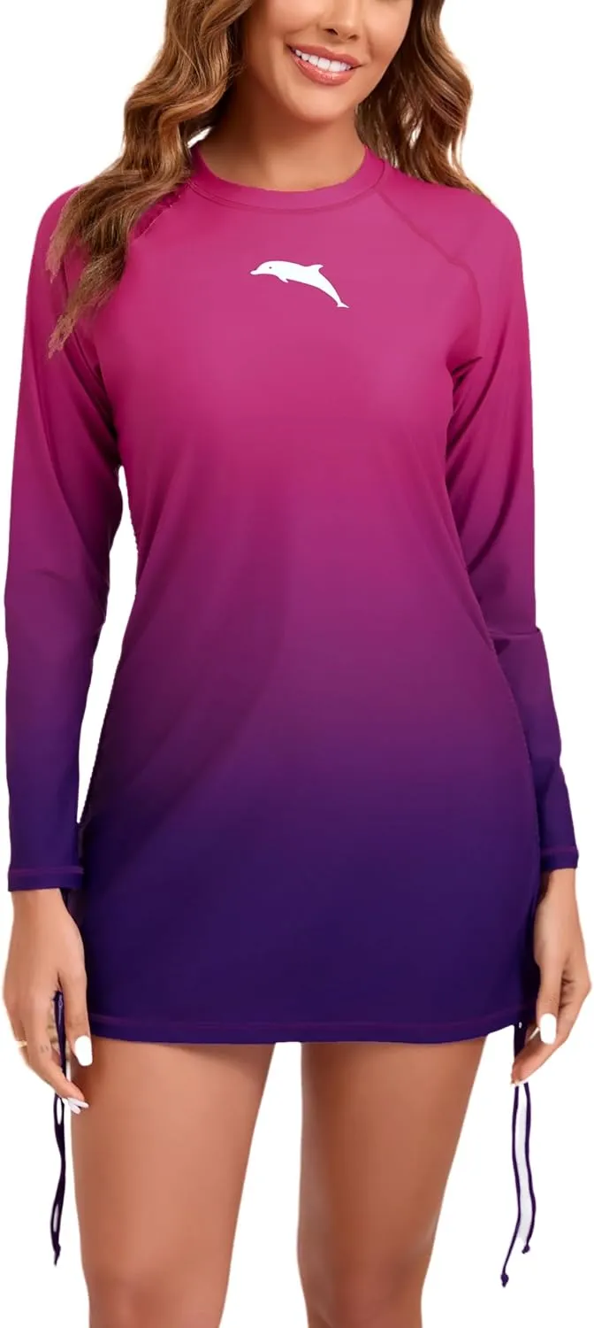 Halcurt Women's long Sleeve Rash Guard Ruched Side Drawstring Adjustable Swim Shirt UPF50 Quick Dry Swimsuit Top