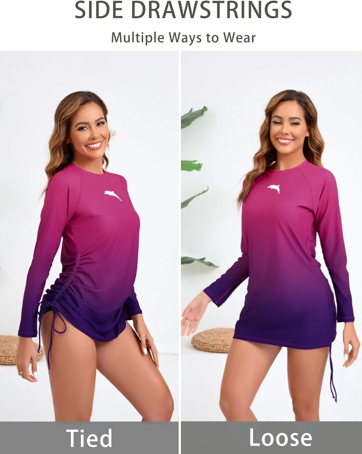 Halcurt Women's long Sleeve Rash Guard Ruched Side Drawstring Adjustable Swim Shirt UPF50 Quick Dry Swimsuit Top
