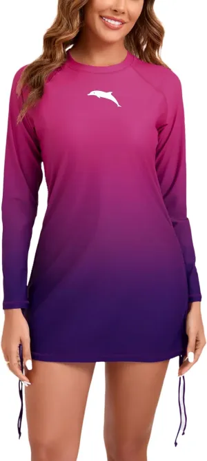 Halcurt Women's long Sleeve Rash Guard Ruched Side Drawstring Adjustable Swim Shirt UPF50 Quick Dry Swimsuit Top