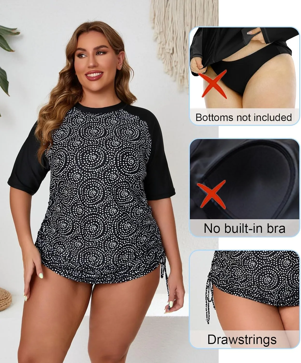 Halcurt Women's Plus Size Short Sleeve Rash Guard Ruched Side Drawstring Adjustable Swim Shirt UPF50 Quick Dry Swimsuit Top